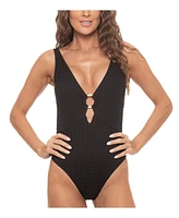 Guria Beachwear Women's Lace Overlay Ring V Neck One Piece Swimsuit