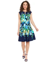 London Times Petite Split-Neck Floral-Print Fit & Flare Dress