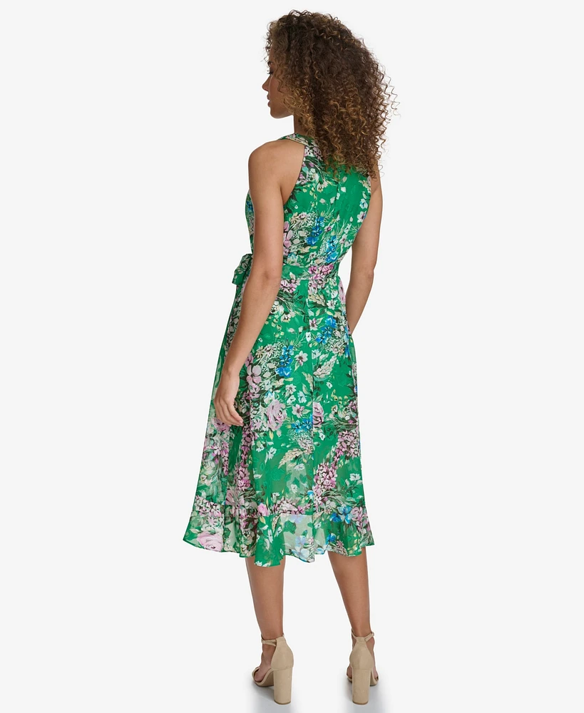 kensie Women's Floral-Print Ruffled Sleeveless Midi Dress
