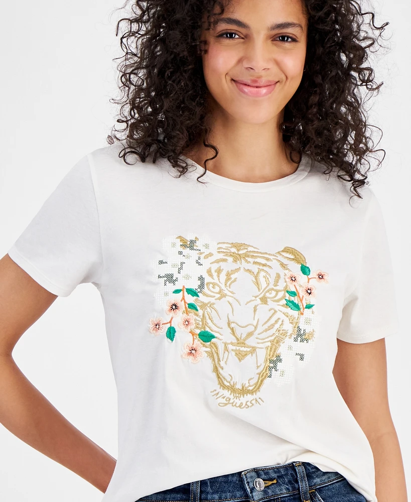 Guess Women's Embroidered Tiger Daisy Short-Sleeve T-Shirt