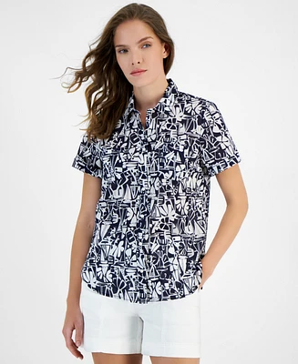 Nautica Jeans Women's Tiki Print Cotton Button-Front Shirt