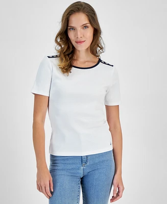 Nautica Jeans Women's Cotton Button-Trim Short-Sleeve T-Shirt