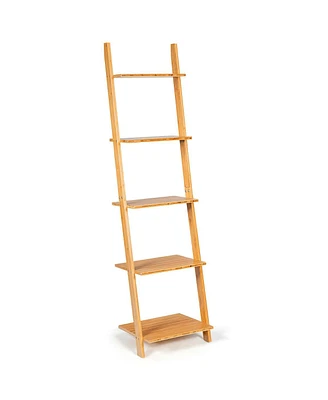 5-Tier Modern Bamboo Wall-Leaning Display Ladder Bookshelf