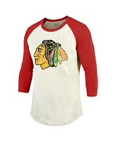 Men's Majestic Threads Connor Bedard Cream, Red Distressed Chicago Blackhawks Name and Number Softhand Raglan 3/4-Sleeve T-shirt