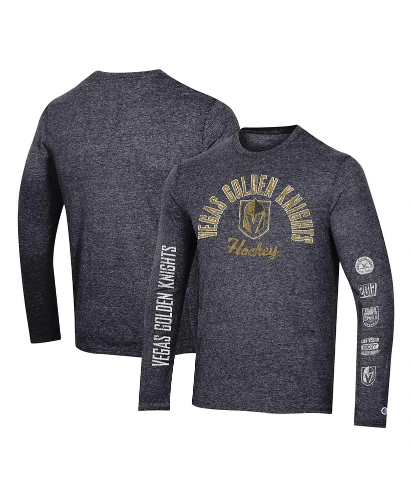 Men's Champion Black Distressed Vegas Golden Knights Multi-Logo Tri-Blend Long Sleeve T-shirt