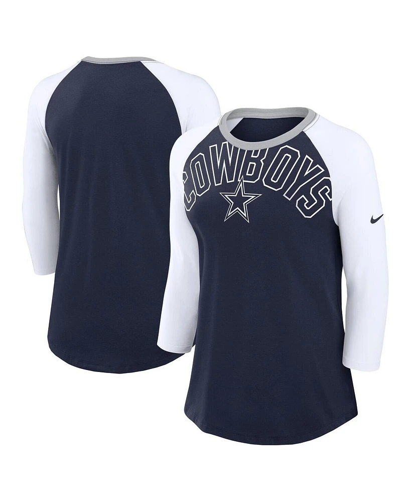 Women's Nike Navy, White Dallas Cowboys Knockout Arch Raglan Tri-Blend 3/4-Sleeve T-shirt