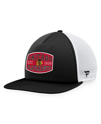 Men's Fanatics Black, White Chicago Blackhawks Foam Front Patch Trucker Snapback Hat