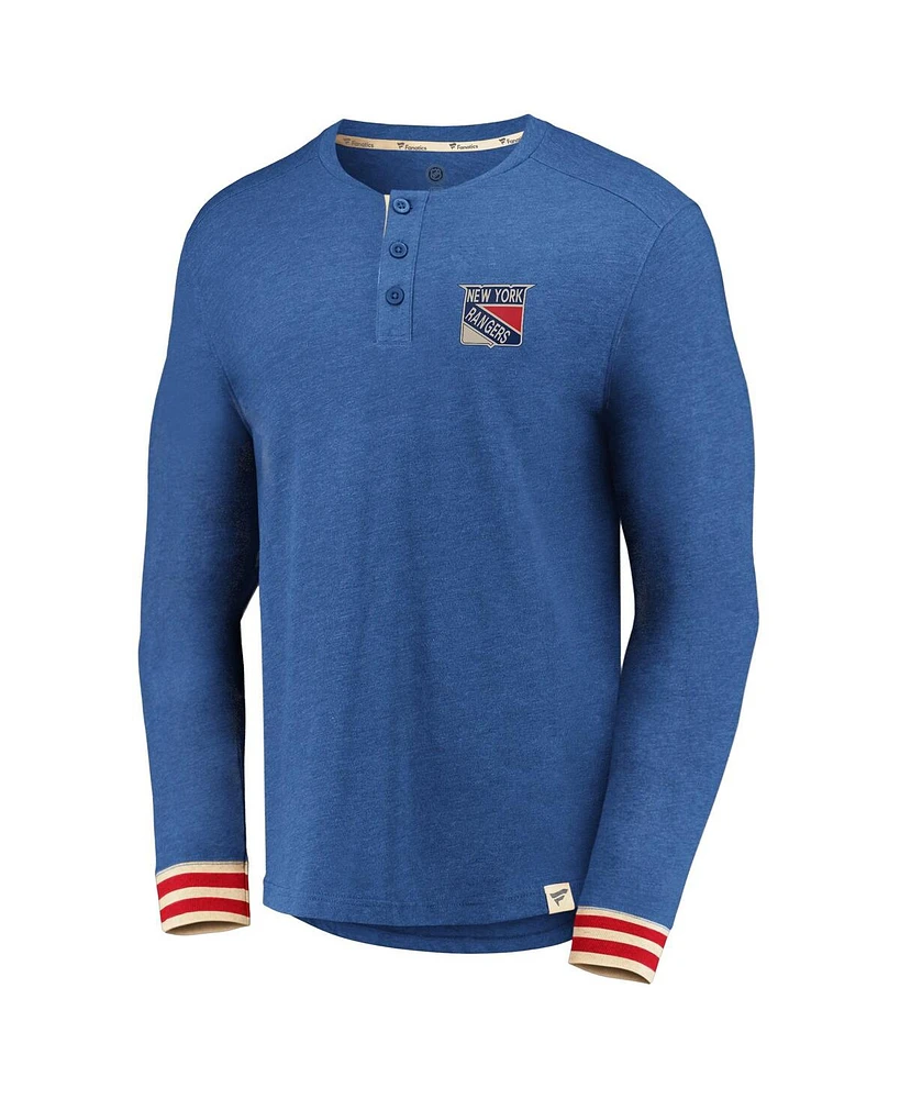 Men's Fanatics Heathered Blue New York Rangers True Classics Henley Long Sleeve T-shirt