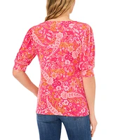 CeCe Women's Paisley-Print Shirred Scoop-Neck 3/4-Sleeve Knit Top