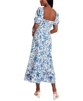 London Times Women's Puff-Sleeve Ruched Smocked-Back Empire Midi Dress