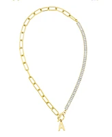 Adornia 14K Gold-Plated Half Crystal and Paperclip Initial Toggle Necklace