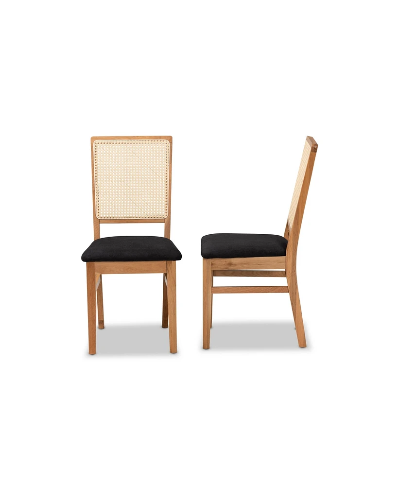 Baxton Studio Idris Mid-Century Modern Fabric Upholstered and Oak Finished 2-Piece Rattan Dining Chair Set