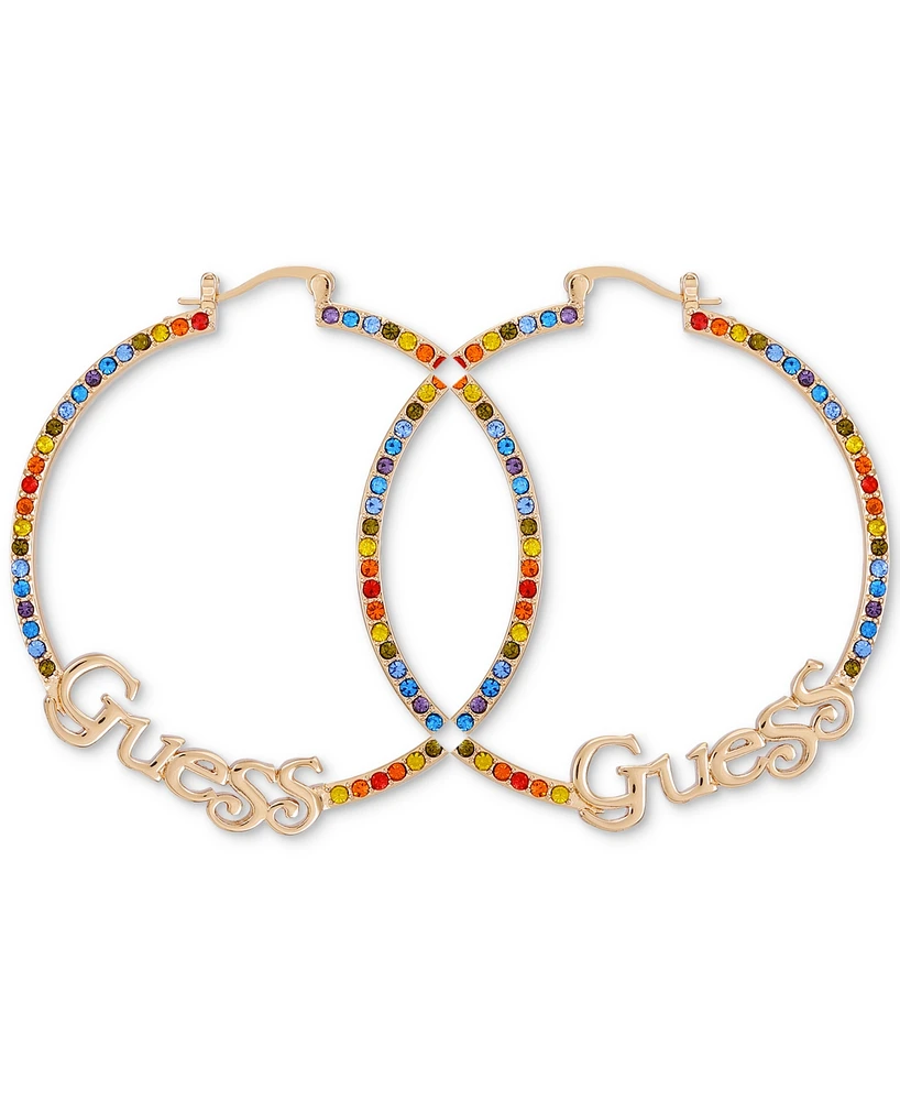 Guess Gold-Tone Rainbow Stone Logo Large Hoop Earrings, 2.25"