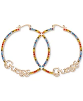 Guess Gold-Tone Rainbow Stone Logo Large Hoop Earrings, 2.25"