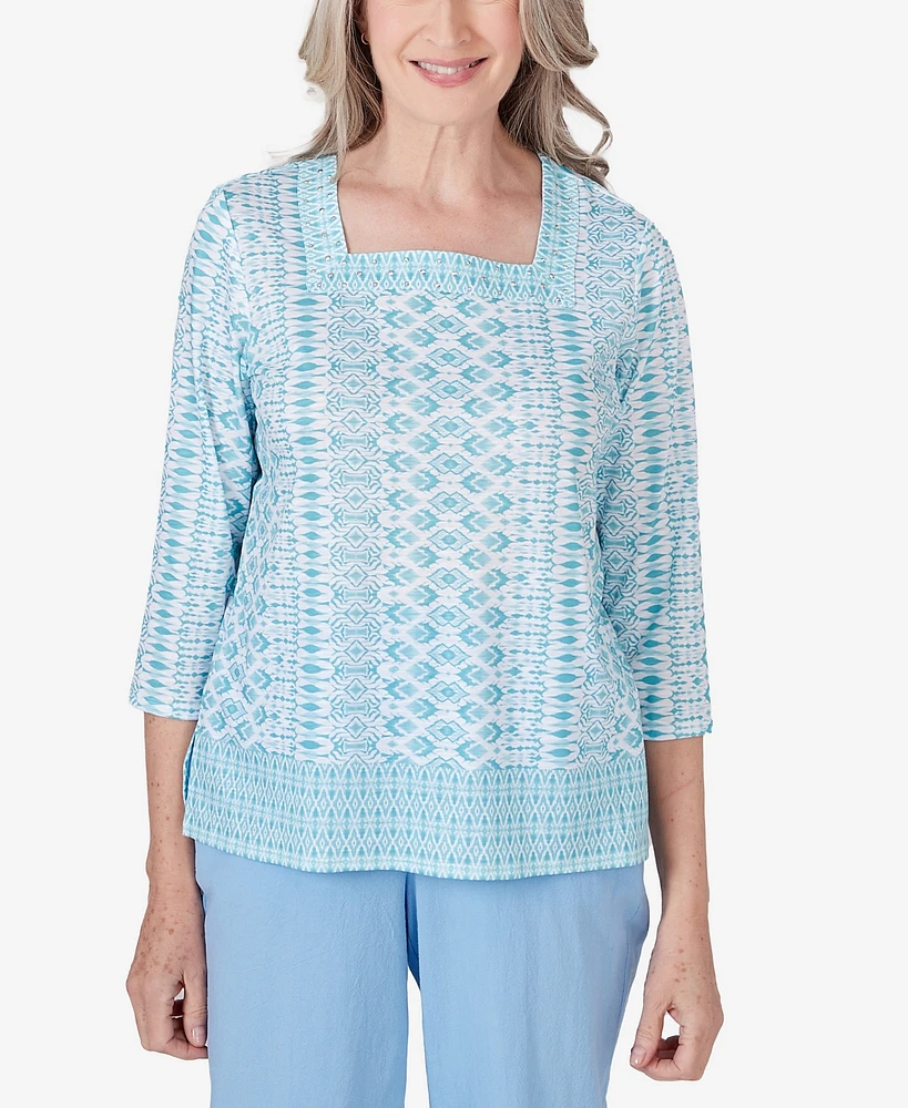 Alfred Dunner Petite Hyannisport Square Neck Geometric Border Top