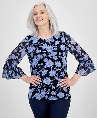 Jm Collection Women's Printed Ruffled-Sleeve Top, Created for Macy's