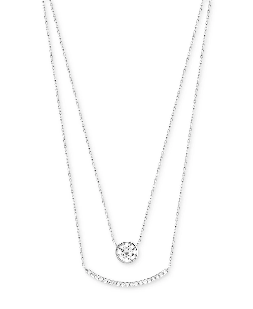 Cubic Zirconia Bezel & Curved Bar Layered Necklace in Sterling Silver, 16" + 2" extender