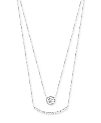 Cubic Zirconia Bezel & Curved Bar Layered Necklace in Sterling Silver, 16" + 2" extender