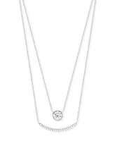 Cubic Zirconia Bezel & Curved Bar Layered Necklace in Sterling Silver, 16" + 2" extender