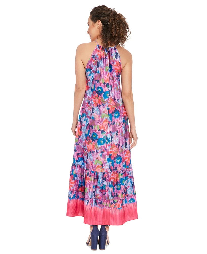 London Times Women's Ikat Floral Halter Maxi Dress