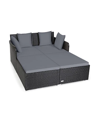 Slickblue Spacious Outdoor Rattan Daybed with Upholstered Cushions and Pillows