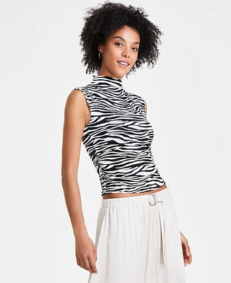 Bar Iii Women's Zebra-Print Mock-Neck Cropped Top, Created for Macy's