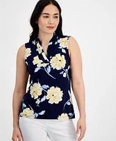 Anne Klein Petite Printed Pleated-v-Neck Sleeveless Top