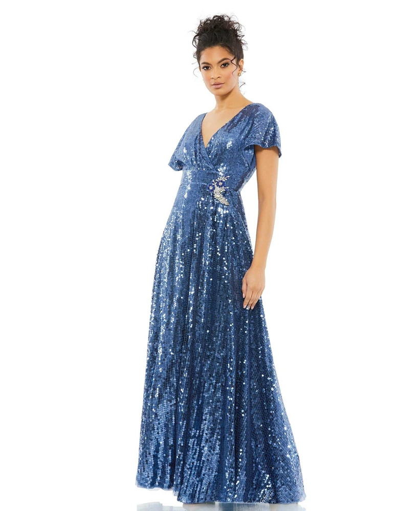 Mac Duggal Women's Sequined Butterfly Sleeve Wrap Over A Line Gown