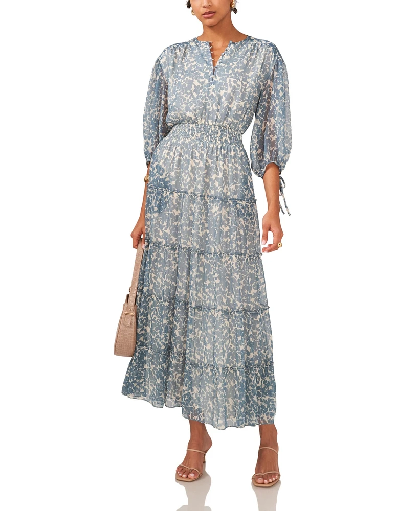 1.state Women's Printed Pintuck 3/4-Sleeve Tiered Maxi Dress