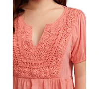 Lucky Brand Women's Crochet-Yoke Short-Sleeve Babydoll Top