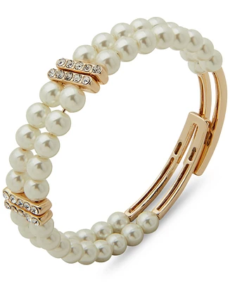 Anne Klein Gold-Tone Pave & Imitation Pearl Double-Row Coil Bracelet