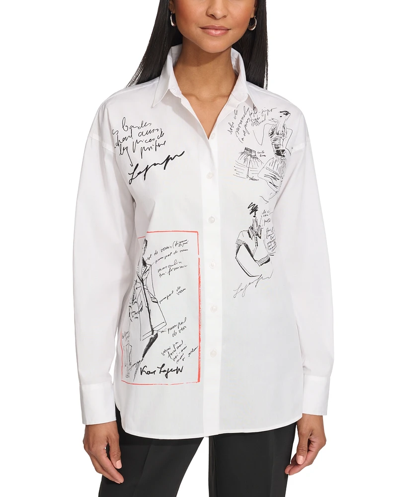 Karl Lagerfeld Paris Women's Sketch-Graphic Poplin Shirt