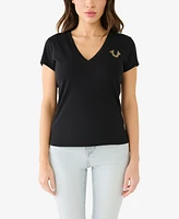 True Religion Women's Shorts Sleeve Ombre Crystal Horseshoe V-neck T-shirt