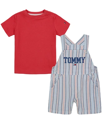 Tommy Hilfiger Baby Boys Short Sleeve Solid T-shirt and Oxford Stripe Shortalls Set