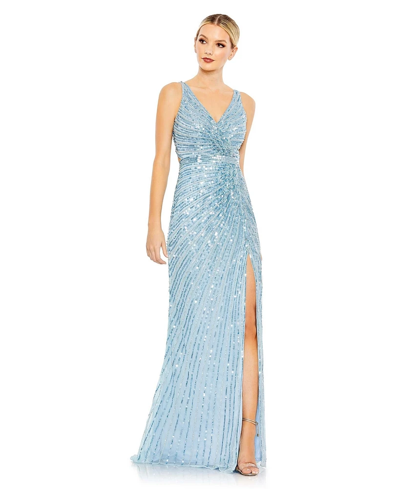 Mac Duggal Women's Sequined Faux Wrap Sleeveless Gown