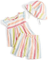 First Impressions Baby Girls Beach Side Striped Hat, Top & Shorts, 3 Piece Set, Created for Macy's