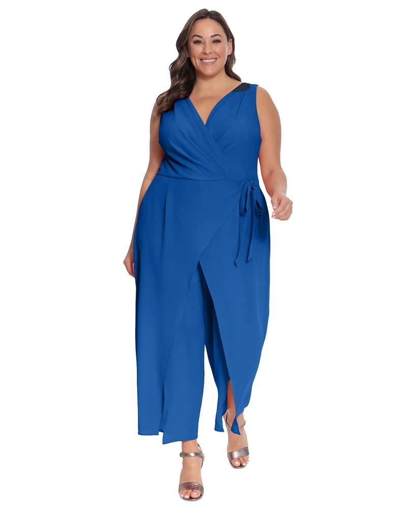 London Times Plus Sleeveless Sarong-Tie Jumpsuit