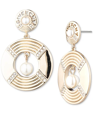 Givenchy Gold-Tone Pave, Imitation Pearl & Logo Doorknocker Drop Earrings