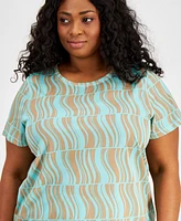 Id Ideology Plus Geo-Print Mesh Short-Sleeve Top, Created for Macy's