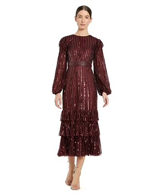 Mac Duggal Women's Long Sleeve Ruffle Detail Sequin Dress