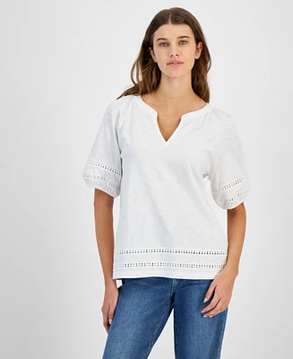 Tommy Hilfiger Women's Cotton Split-Neck Puff-Sleeve Top