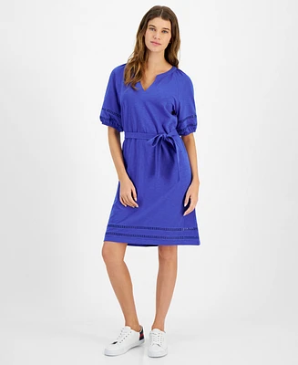 Tommy Hilfiger Women's Cotton Belted Puff-Sleeve Dress
