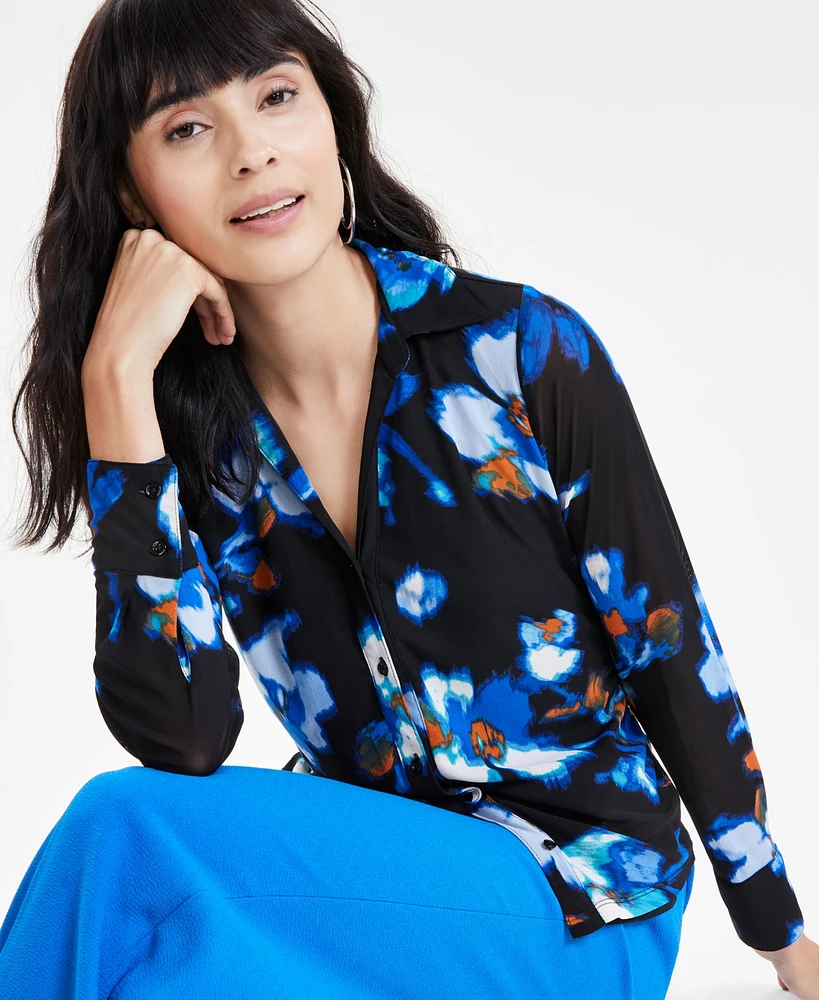 Bar Iii Women's Floral-Print Triple Mesh Shirt, Created for Macy's