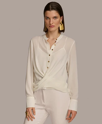 Donna Karan Women's Faux-Wrap Button-Front Long-Sleeve Top