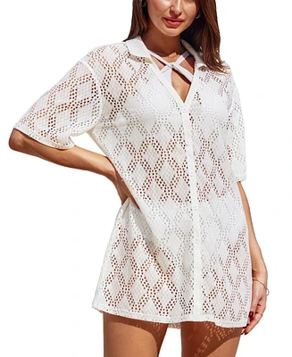 Cupshe Women's s Crochet Button Down Knit Cover-Up Top
