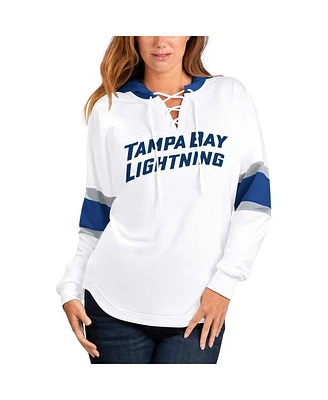 Women's G-iii 4Her by Carl Banks White, Blue Tampa Bay Lightning Goal Zone Long Sleeve Lace-Up Hoodie T-shirt