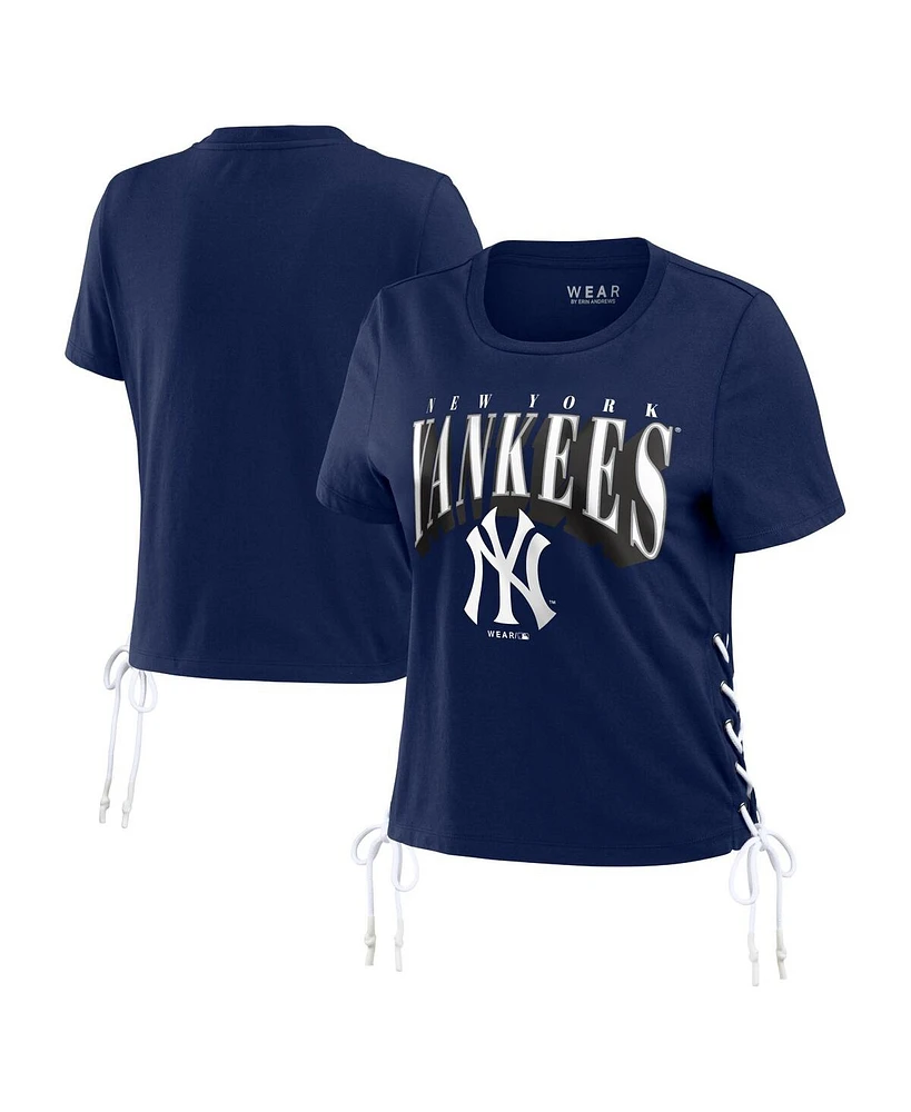 Women's Wear by Erin Andrews Navy New York Yankees Side Lace-Up Cropped T-shirt