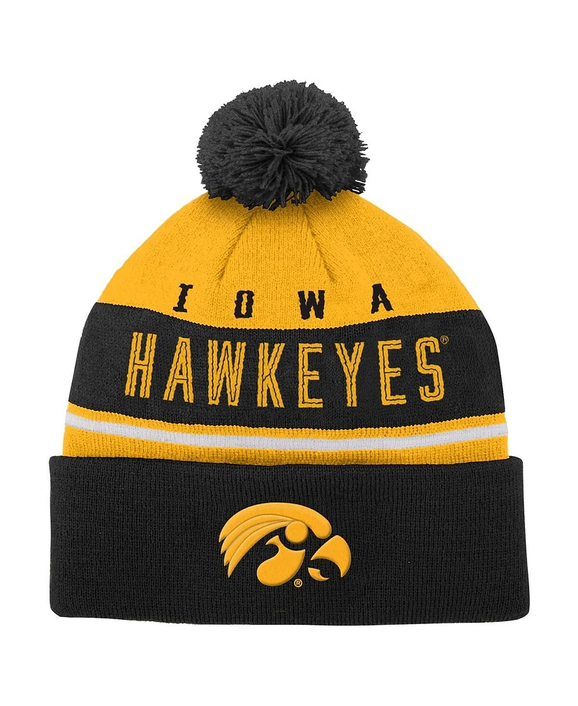 Youth Boys and Girls Black Iowa Hawkeyes Redzone Jacquard Cuffed Knit Hat with Pom