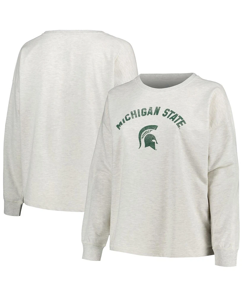 Women's Profile Oatmeal Michigan State Spartans Plus Distressed Arch Over Logo Neutral Boxy Pullover Sweatshirt