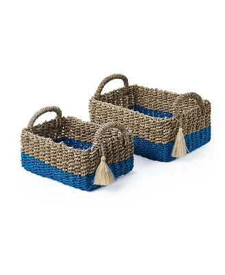 Baum 2 Piece Large Rectangular Sea Grass and Raffia Bins Set with Ear Handles and Single Tassel